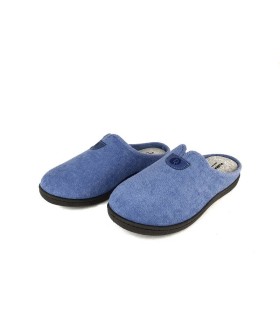 zapatilla de casa para mujer semidescalza fabricada por Roal con plantilla pllumaflex en color azul con tejido de rizo